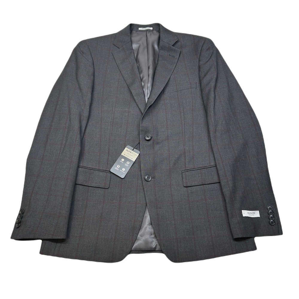 Alfani Slim Fit Sport Coat Mens 38R Grey Burgundy Windowpane Travel Stretch $360